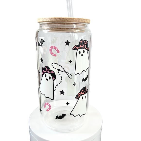 Halloween Cowboy Ghost Handmade Glass Can Cup with Bamboo Lid and Straw - Picture 6 of 6